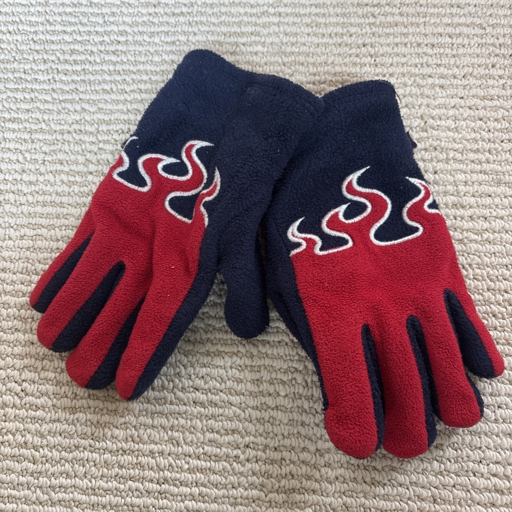 Vintage LL Bean y2k Fleece Gloves Blue & Red Flames Kids Sz Small